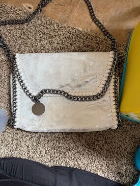 Metallic Silver Chain-Trim Shoulder Bag